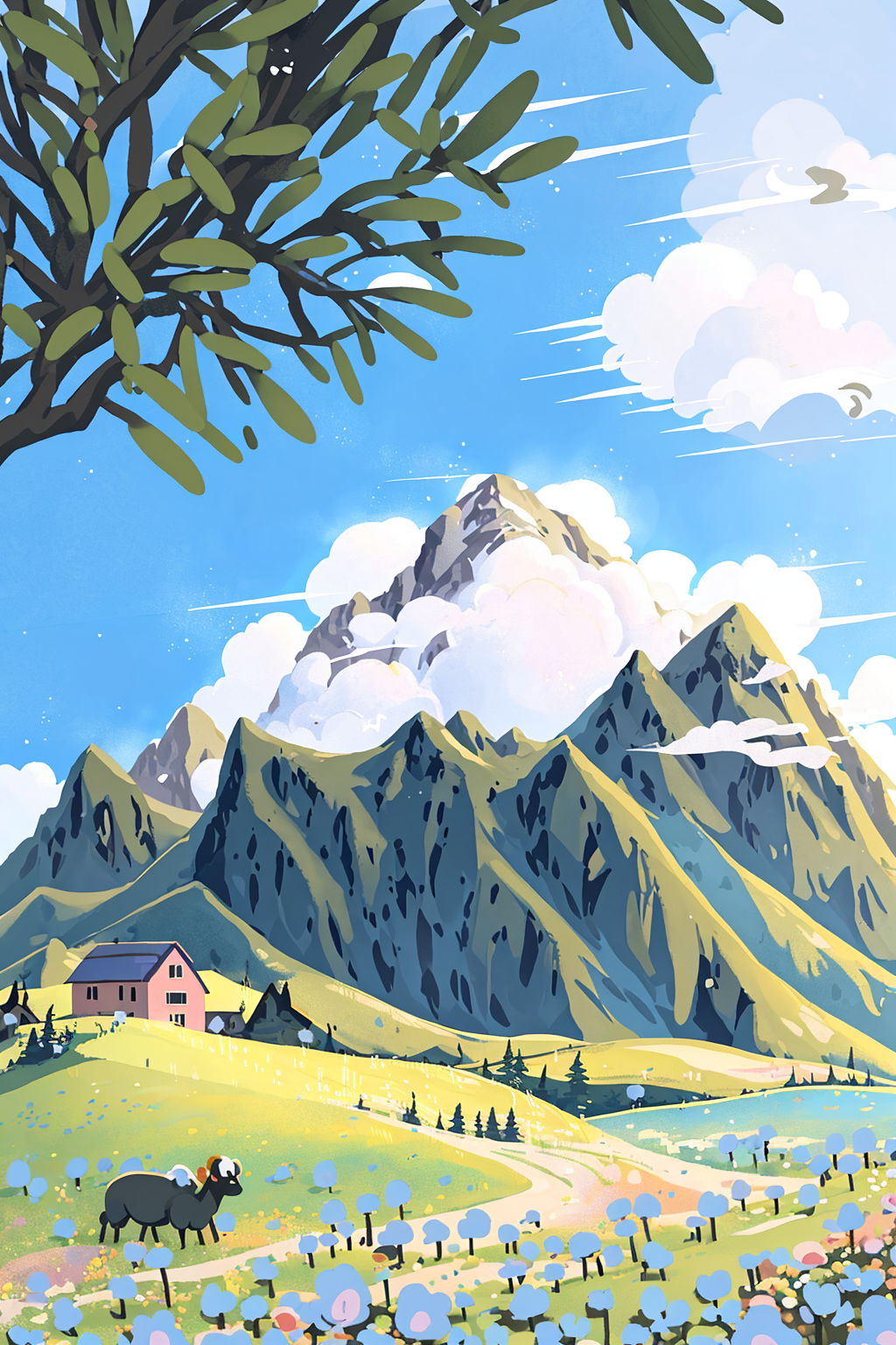 02130-1719168697-outdoors, scenery, flower, sky, house, no humans, cloud, tree, day, mountain, grass, sheep, nature, animal, building, blue sky,.png